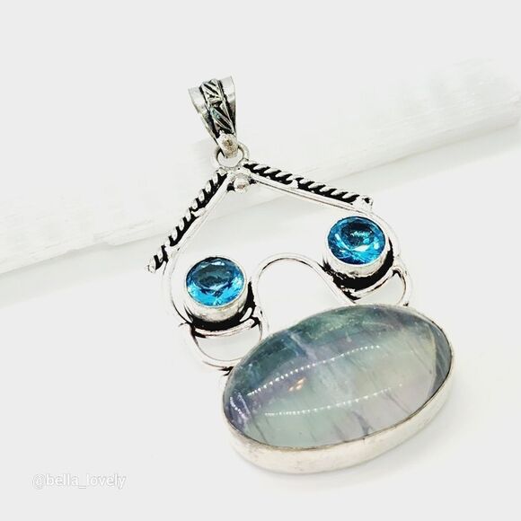 Fluorite Blue Topaz Ethnic Handmade Pendant Jewelry 2.6" - Picture 3 of 4